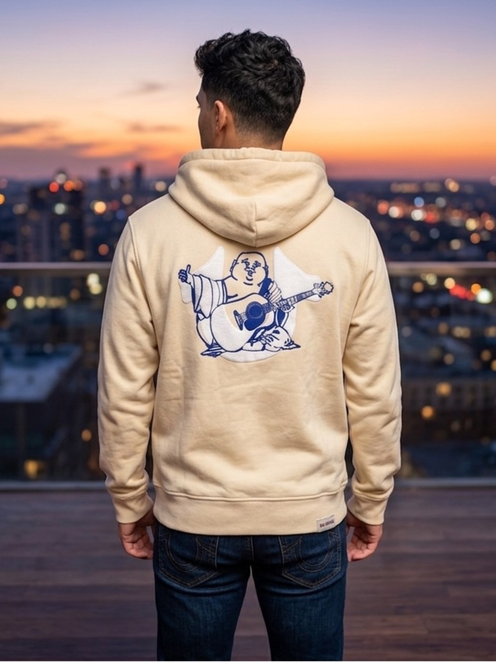 True Religion Cream Hoodie with Navy Buddha Guitar Graphic